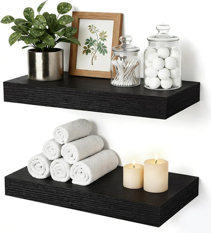 Floating Shelves Bathroom for Wall, Bathroom Shelves Over Toilet, Wall Shelves & Book Shelf, Hanging Shelf, Modern Wooden Wall-Mounted Small Floating Shelves, 12x7x1.5 in (Black, Set of 2)