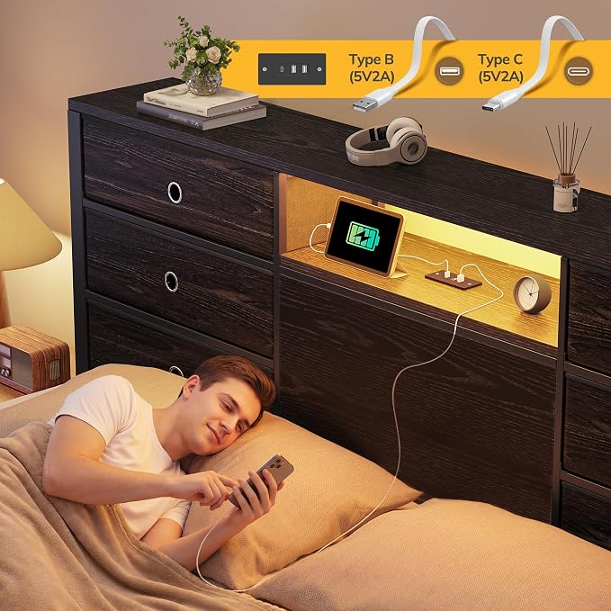 Homkdom Full Size Bed Frame with 8 Fabric Drawers Storage, LED Lights & Charging Station, Metal Platform Bed Frame with Headboard Storage Providing Noise-Free and Easy Assembly,Black