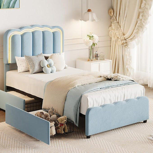 Garvee Twin Size Bed Frame with 2 Storage Drawers and LED Lights, Upholstered Platform Twin Bed with Adjustable Headboard, Wooden Slats Support, No Box Spring Needed, Easy Assembly, Blue