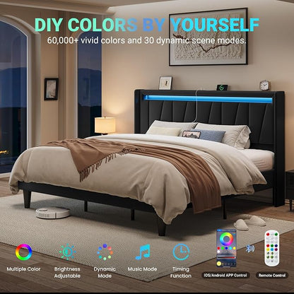 Allewie King Size LED Bed Frame with Charging Station, Velvet Upholstered Platform Bed with Geometric Wingback Headboard, Modern Frame with No Box Spring Needed, Easy Assembly, Black