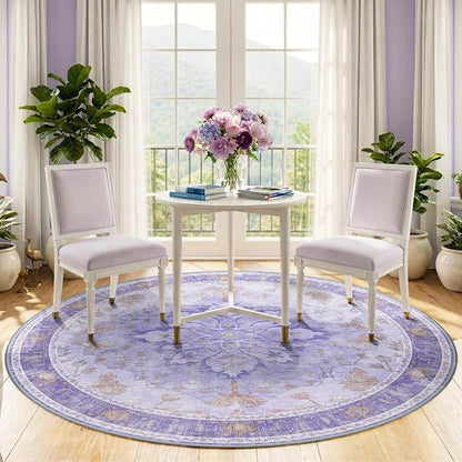 RELEANY Area Rugs Round 5ft Washable Non-Slip, Floral Vintage Distress Medallion Carpet for Living Room Bedroom Dining Room, Light Purple Brown