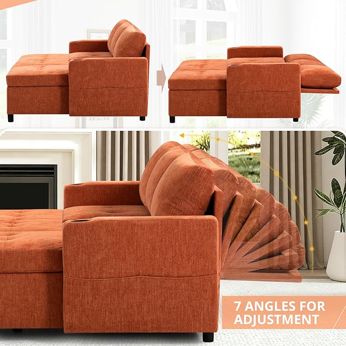 84" L-Shape Pull Out Sofa with 2 Storage Chaise, Orange | Chenille Sectional Sleeper Sofa w/Adjustable Backrest, Upholstered Reversible Couch Bed w/USB Port for Living Room, House