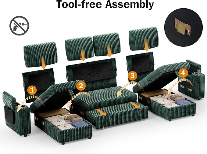 WEUP 108" Modular Sectional Sleeper Sofa with Pull Out Bed, 4 Seat Plush Corduroy U Shaped Couch with USB Ports|Cup Holders|Side Table|Storage Chaise Armrests, Tool Free Assembly, Green
