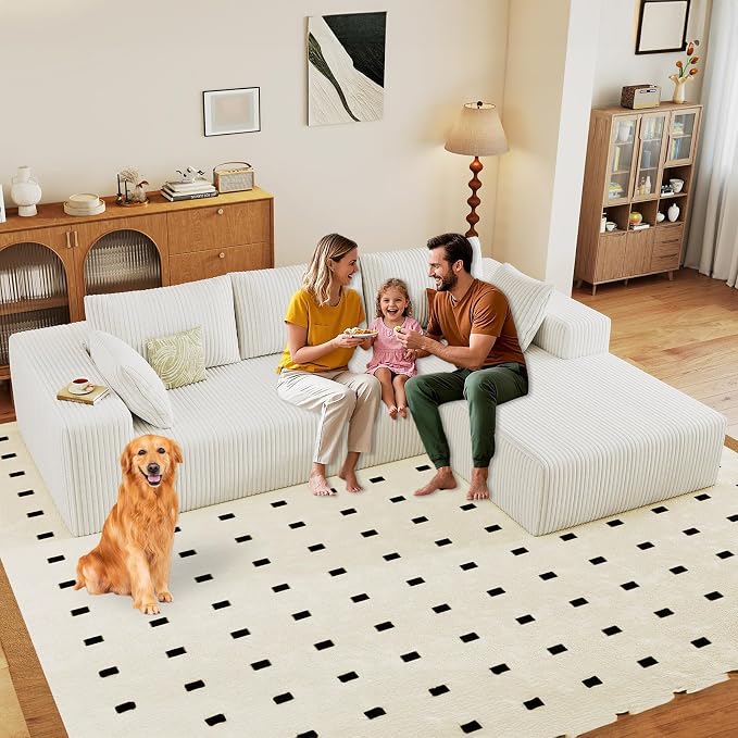 96" Modular Sectional Sofa, Modern Corduroy Cloud Couch with Deep Seat, Boneless Couch Upholstered 3-Seater L-Shaped Sofa for Living Room, No Assembly Required (White, Right-Facing Chaise)