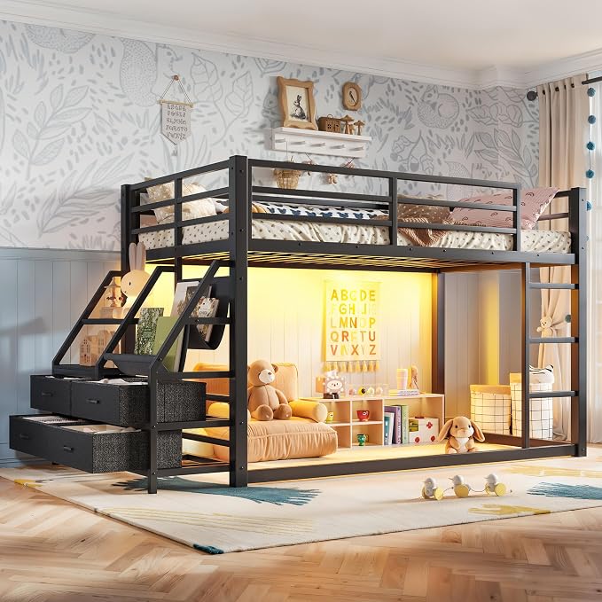 Bellemave Twin Over Twin Bunk Bed with Storage Shelves & 4 Drawers,Heavy Duty Metal Bunk Bed for Teens with LED Lights, Low Bunk Beds for Kids with Guardrails & Ladder, No Box Spring Needed, Black