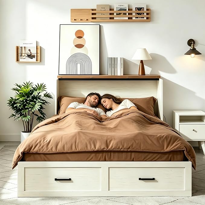 Queen Murphy Bed with Charging Station Large Storage Drawer Farmhouse Wood Space Saving Hidden Foldable Cabinet Bed for Bedroom Office School, Rustic White