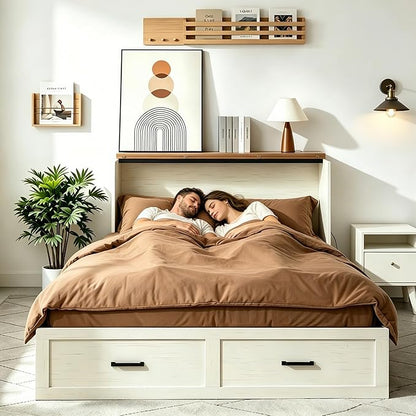 Queen Murphy Bed with Charging Station Large Storage Drawer Farmhouse Wood Space Saving Hidden Foldable Cabinet Bed for Bedroom Office School, Rustic White
