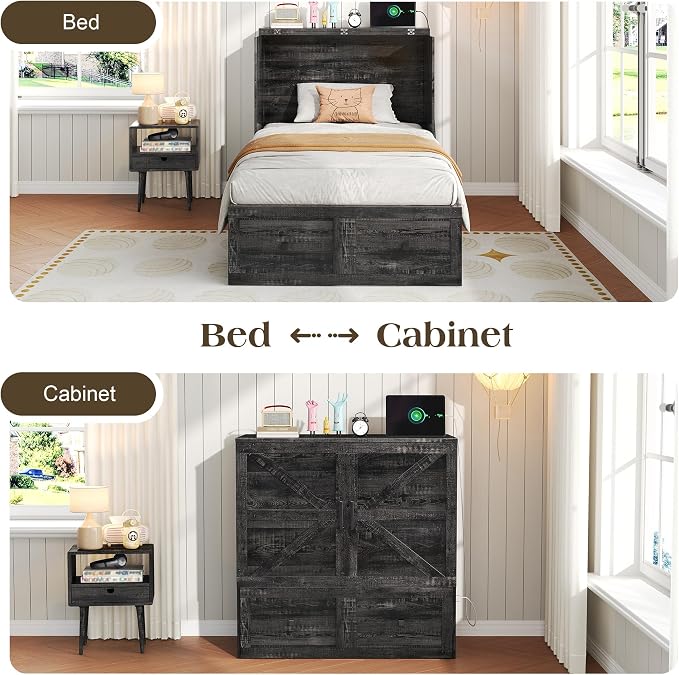 LUXOAK Twin Murphy Bed with 6" White Tri-Fold Memory Foam Mattress, Storage Drawer & Charging Station, Space-Saving Design for Home Office or Guest Room, Black Oak