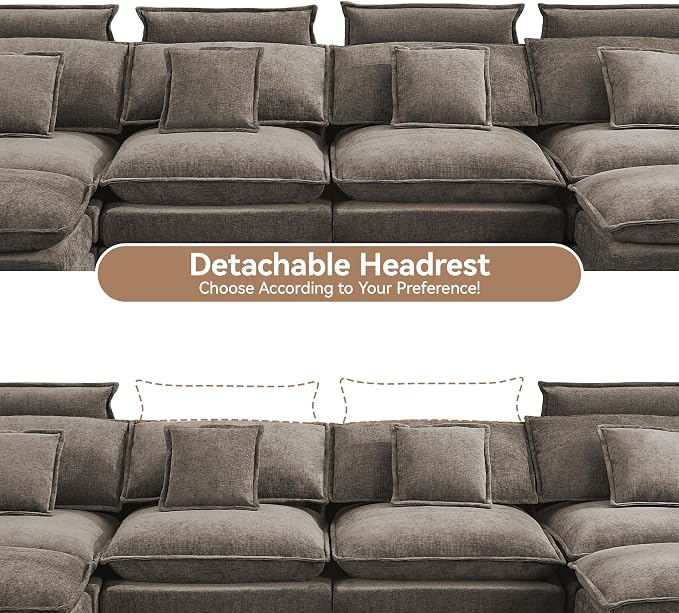 134'' Cloud Modern 4 Seater Couch with Detachable Headrest, Modular Sectional Sofa with 2 Ottomant, Oversized U Shape Chenille Comfy Sofa with Armrests for Living Room, Brown