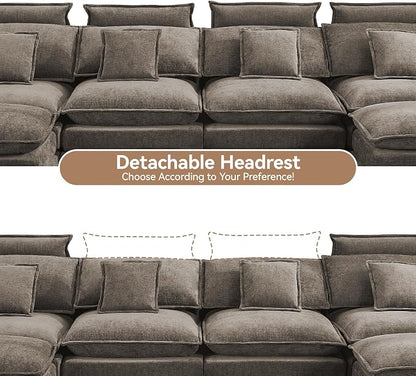 134'' Cloud Modern 4 Seater Couch with Detachable Headrest, Modular Sectional Sofa with 2 Ottomant, Oversized U Shape Chenille Comfy Sofa with Armrests for Living Room, Brown