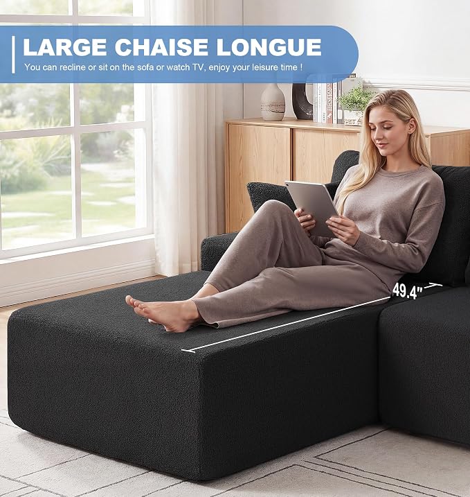 Hobestluk Modular Sectional Sofa Couches L-Shape Couch 3 Seat Modular Sofa Memory Foam Sectional Couches for Living Room, Cloud Couch with Oversized Chaise (Black Smooth, 96", Left Hand Facing)