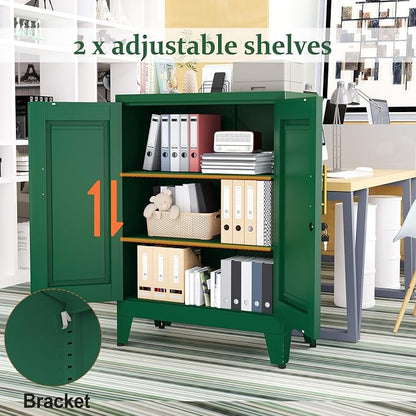 Green Metal Storage Cabinet, 36" Tall Locking Storage Cabinet, 12”D | with 2 Adjustable Shelves, Steel Locker Organizer, Metal Freestanding Buffet Cupboards Sideboard for Office, Home, School,2PS