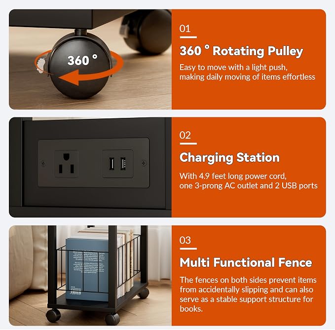 DGSANDGO Black Narrow Rolling Side Table with Charging Station (Outlets/USB Ports) & Storage Basket - Small Space End Table for Living Room Bedroom Office (Black)
