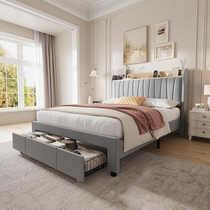 Garvee Queen Upholstered Platform Bed Frame with Storage Headboard, Drawers, Built-in Charging Station, Sturdy & Noise-Free, No Box Spring Needed, Easy Assembly, Grey