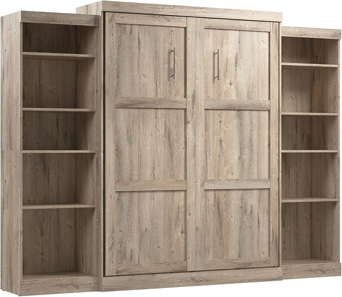 Bestar Pur Queen Murphy 2 Shelving Units, 115-inch Space-Saving Wall Bed with Storage, Rustic Brown
