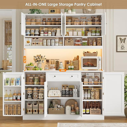 HIFIT 72.8” Tall Kitchen Pantry Cabinet with LED & Charging Station, 55” Wide Farmhouse Pantry Storage Cabinet with Microwave Stand&Shelves&Barn Doors, Kitchen Hutch Coffee Bar for Living Room, White