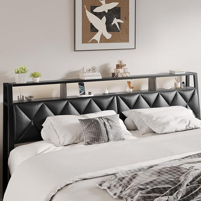 Full Headboard Only, Headboard for Full Size Bed with Storage, Upholstered Headboards with LED Lights & Charging Station, Attach Frame, Ideal for Bedroom/Dorm/Guest Room, Black, Faux Leather