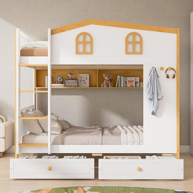 Merax Full Over Full Size House Bunk Bed with Storage Shelves & 2 Drawers, Solid Wood Space-Saving Loft Bed Frame with Safety Guardrails for Bedroom, White+Natural