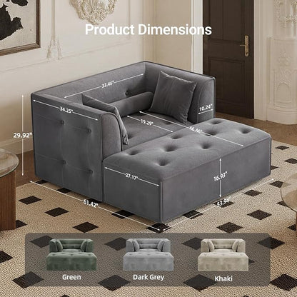 Claiks 62" Chaise Lounge Chair Indoor,Oversized Chaise Lounge for Living Room, Upholstered Boneless Chair Bed with Ottoman, Armrest and Pillows, Indoor Cloud Couch, Dark Gray