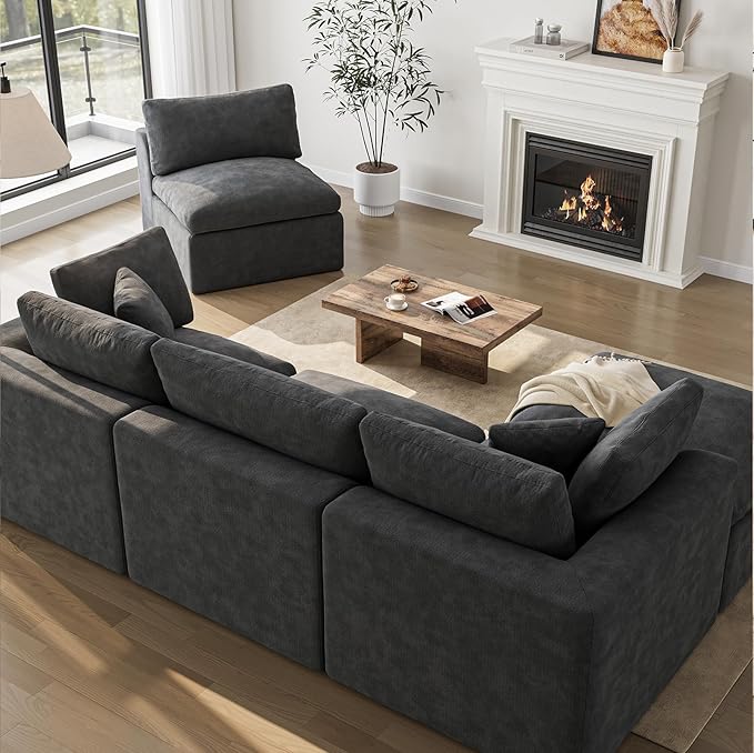 Cloud Sectional Couches for Living Room | 144 Inch L-Shaped Boneless Couch with Ottoman | Dark Grey Modular Sectionals Sofa Couch