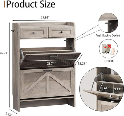 Shoe Cabinet with 2 Flip Drawers & 2 Top Drawers, 43" Tall Freestanding Narrow Wooden Shoe Storage Organizer for Entryway, Hidden Slim Shoe Rack for Front Door Entrance, Hallway, Living Room, Grey