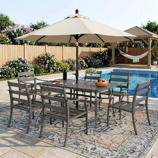 EROMMY 7-Piece Outdoor Patio Dining Set for 6, 6 Metal Slat Chairs & Rectangular Table with Umbrella Hole, Heavy-Duty Patio Furniture for Backyard, Deck and Garden
