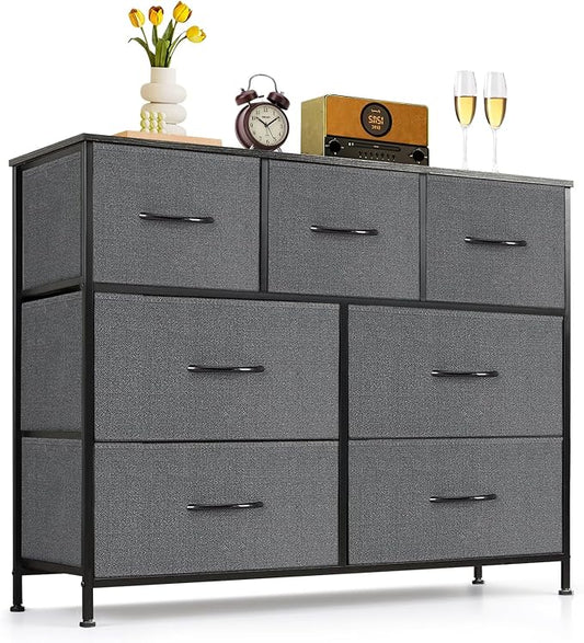 7-Drawer Dresser for Bedroom, Anti-Tip Wide Storage Organizer Fabric Chest of Drawers TV Stand for 45" TV with Wooden Top and Metal Frame for Closet, Living Room, Hallway, Entryway, Gray