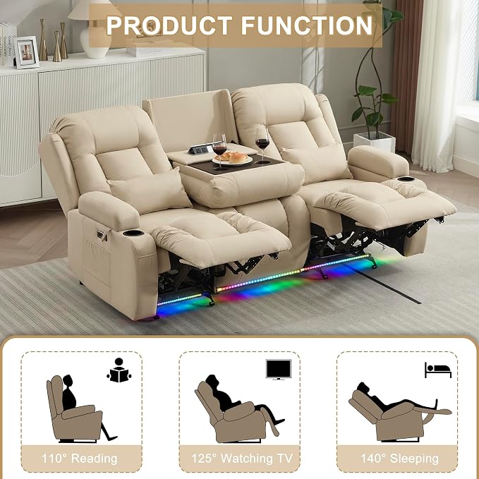 URRED Power Loveseat Recliner Sofa with Massage and Heat, Wall Hugger Reclining Loveseat with Console, RV Couch Home Theater Seating with LED Lights for Living Room (Beige, 76.8" - 3 Seats)