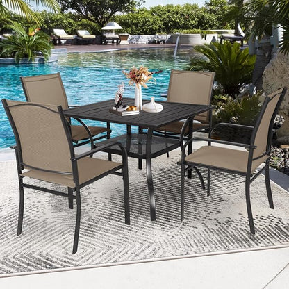 SUNCROWN 6 - Piece Outdoor Dining Set, Patio Furniture Set with 4 Textilene Dinning Chairs, 1 Steel Slat Metal Bistro Table and 1 Dark Blue 9Ft Patio Umbrella for Lawn Garden Backyard Deck, Brown
