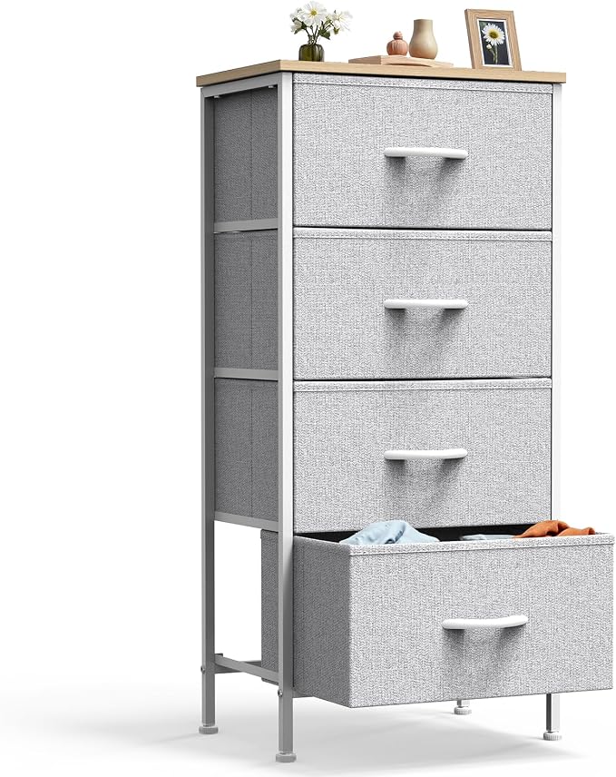 DUMOS Nightstand with 4 Drawers Bedside Table with Removable Fabric Bins Sturdy Steel Frame Wood Top Organizer Grey Nightstand for Bedroom Closet Living Room,Light Gray