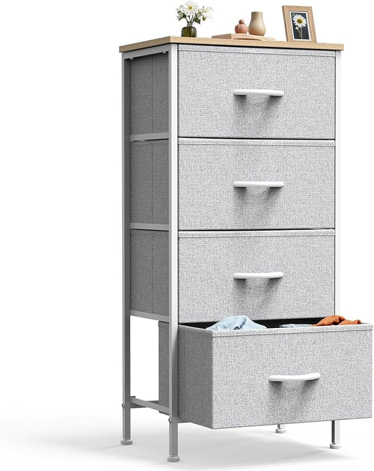 DUMOS Nightstand with 4 Drawers Bedside Table with Removable Fabric Bins Sturdy Steel Frame Wood Top Organizer Grey Nightstand for Bedroom Closet Living Room,Light Gray