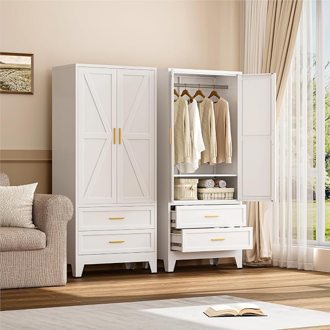 YAUWOH Farmhouse Wardrobe Cabinet with 2 Drawers,Metal Wardrobe Closet with Hanging Rod,Metal Armoire with Adjustable Shelves for Bedroom,Cloak Room,Office (White)