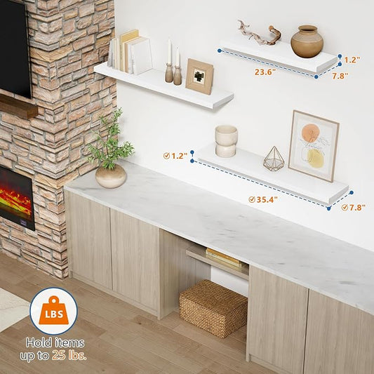 Harwaya White Wood Floating Shelves 36 Inches Long Set of 2, Large Modern Wall Shelves for Bathroom Bedroom Closet Living Room Office Books Plants Legos Art Décor Picture Frames (White)