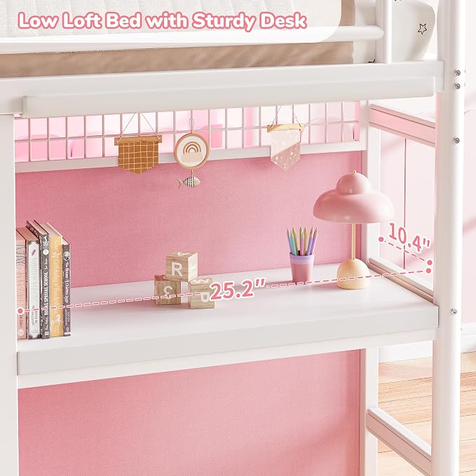 Low Loft Bed Twin Size with 7 Storage Drawers, Desk and LED Lights, Heavy Duty Metal Kids Loft Bed with 13.8" H Safety Guardrail, Anti-Collision Pad, Private Play Curtain, Under-Bed Play Space - Pink