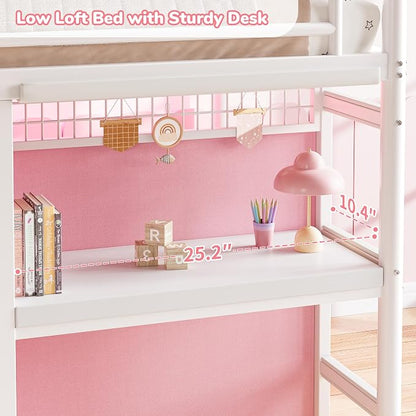 Low Loft Bed Twin Size with 7 Storage Drawers, Desk and LED Lights, Heavy Duty Metal Kids Loft Bed with 13.8" H Safety Guardrail, Anti-Collision Pad, Private Play Curtain, Under-Bed Play Space - Pink