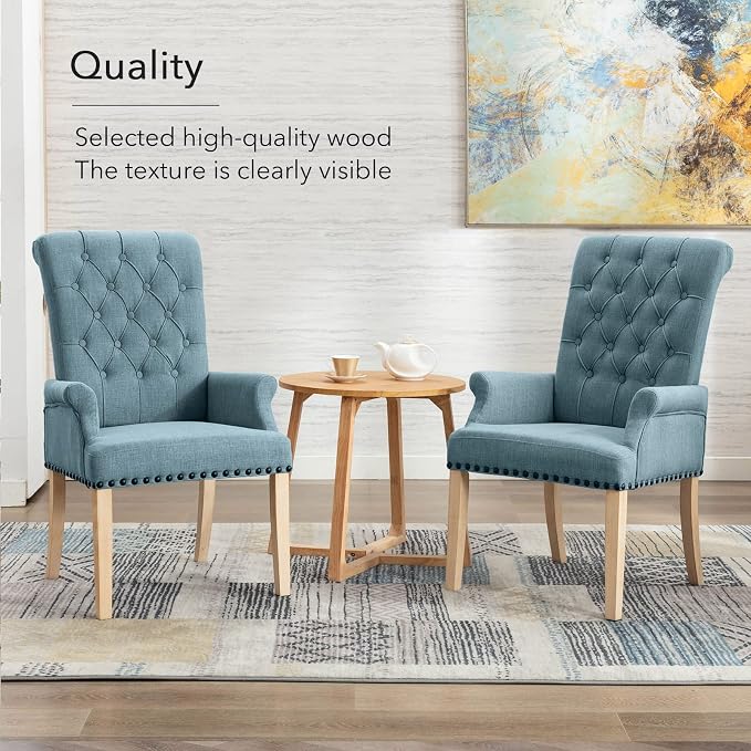 adochr Upholstered Fabric Accent Dining Chair, Elegant Tufted Club Dining Room Kitchen Room Arm Dining Chair, Light Blue