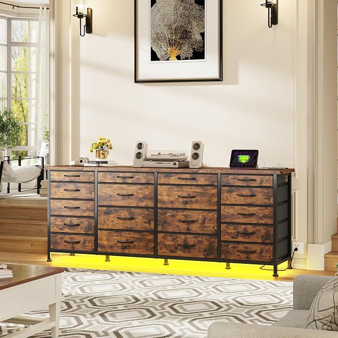 EnHomee 63" W TV Stand for 75" TV, 18 Drawers with LED & Charging, Brown | Long Dresser for 65"-75" TV, Deep Drawer, Spacious Storage, Drawers Glide, No Wobbling, Anti-tip, Easy Assembly, Wipes Clean