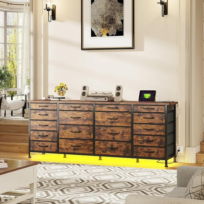 EnHomee 63" W TV Stand for 75" TV, 18 Drawers with LED & Charging, Brown | Long Dresser for 65"-75" TV, Deep Drawer, Spacious Storage, Drawers Glide, No Wobbling, Anti-tip, Easy Assembly, Wipes Clean