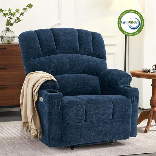 MCombo Oversized Power Lift Recliner Chair for Elderly, Lift Chair with Heat and Massage, Lift Recliner for Big and Tall, Cup Holders, USB & Type C Ports, Fabric R7092 (Navy Blue, Oversize)