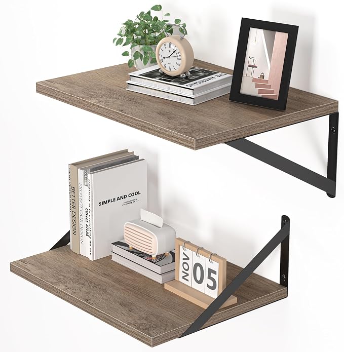 Heimlove Deep Floating Shelves for Wall, 16W x 12D Rustic Grey Wood Wall Shelves Set of 2, Large Floating Shelf for Living Room, Kitchen, Office, Bedroom and Decor Storage, with Metal Bracket - Grey
