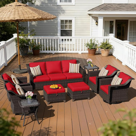 9 Pieces Patio Conversation Furniture Set - 1 Sofa, 2 Ottomans, 4 Swivel Chairs, 2 Side Tables, Outdoor Wicker Furniture with Removable Cushions for Porch, Balcony, Sunroom (Red)