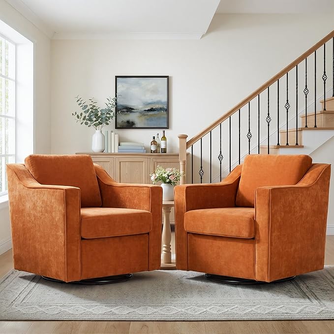 Swivel Accent Chair, Modern Round Barrel Arm Chair for Living Room, Bedroom, Comfy Club Reading Chairs for Adults - Chenille Orange