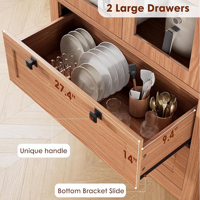 71" Tall Kitchen Pantry Cabinet - Modern Display Storage Cabinet with 2 Large Drawers, Glass Doors, and Adjustable Shelves, Farmhouse Kitchen Cupboard for Dining Room, Bathroom, Living Room, Walnut