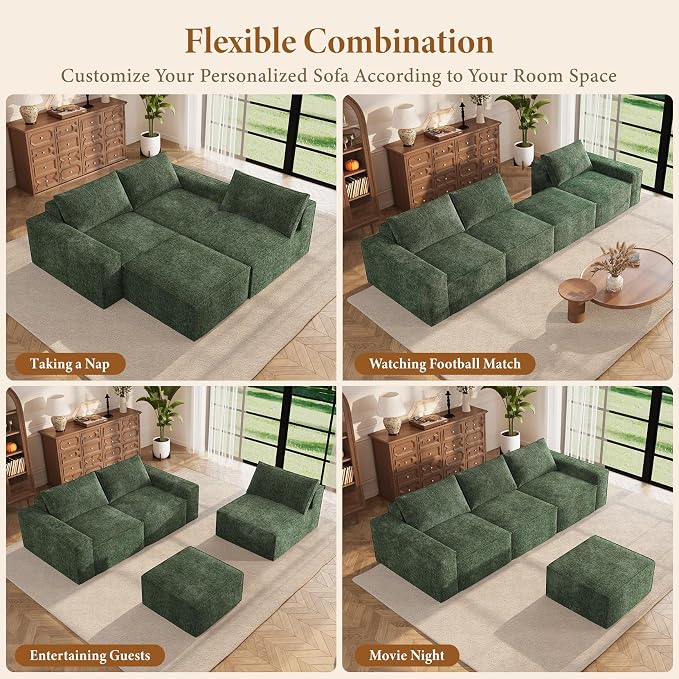 Vesgantti 114" Modular Boneless Couch, Modern 3 Seater Sectional Sofa with Ottoman & Deep Seat, Convertible Chenille L Shaped Cloud Couches for Living Room, No Assembly Required, Green