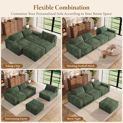 Vesgantti 114" Modular Boneless Couch, Modern 3 Seater Sectional Sofa with Ottoman & Deep Seat, Convertible Chenille L Shaped Cloud Couches for Living Room, No Assembly Required, Green