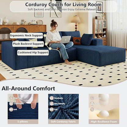 95" Cloud Sectional Couch with L-Shape Chaise, Modular Comfy Sofa Chaise Longue, Upholstered Corduroy Couches Sleeper with Deep Seat for Living Room Bedroom, No Assembly Required(Blue, Right Facing)