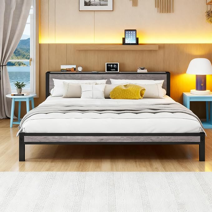 DUMEE King Bed Frame with Wood Storage Headboard, Metal Platform Bed Frames King Size, No Box Spring Needed, Noise Free, Black & Grey