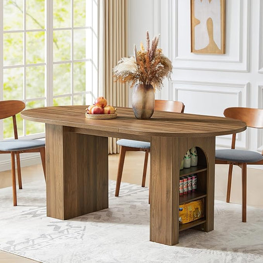 weselon 70.8" Oval Dining Table with Dual Side Storage Shelves, Rustic Farmhouse Table for 4–6 People, Modern Wooden Round Dinner Table for Kitchen, Reception, or Living Room (Walnut, Table Only)