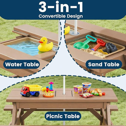 FOOWIN Kids 3-in-1 Sand & Water Table,HDPE Outdoor Convertible Picnic Table w/Detachable Tabletop, for Outdoor Backyard Patio Play Teak
