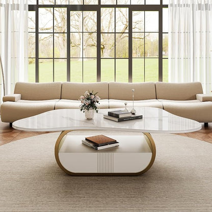 41.7 Inch Marble Coffee Table with Storage Drawer, Modern Butterfly Design, Sintered Stone Top and Gold Stainless Steel Base for Living Room, Scratch Resistant and Easy Assembly